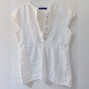 Michelangelo Italy Linen Top Womens L White Baby Doll Shirt Pleat High Neck CUTE